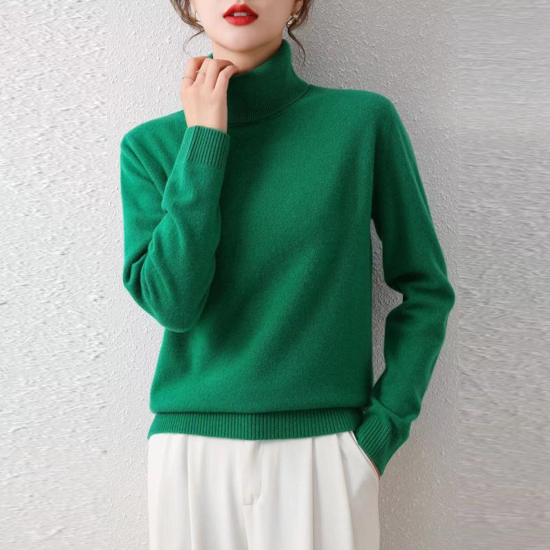 Women's Pure Wool High Neck Sweater - Loose, Slimming, Solid Color, Autumn/Winter Base Layer