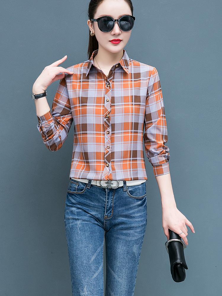 Geruit Overhemd Dames Honderd Dames Tops Los Retro Hong Kong Smaak Lange Mouw Overhemd