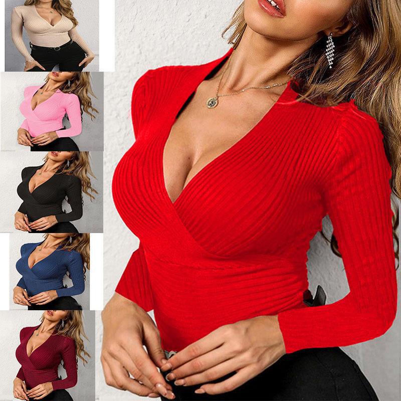 2023 Autumn European & American Style V-neck Slim Fit Knitted Long Sleeve Pullover for Women