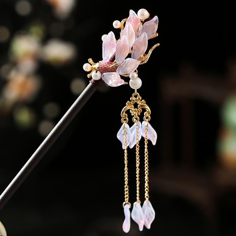 1 Stück Glas Fisch Haarnadel Antiker Kopfschmuck Sandelholz Haarnadel Frische Blütenblatt Haarnadel Neuer Chinesischer Stil Blütenblatt Quaste Haarnadel