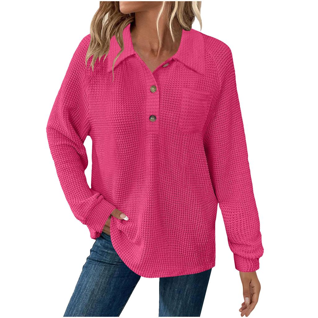 Women's Fashion Long-Sleeve Solid-Color Collared T-Shirt With Button-Up Front And Pocketed Casual Sweatshirt Top