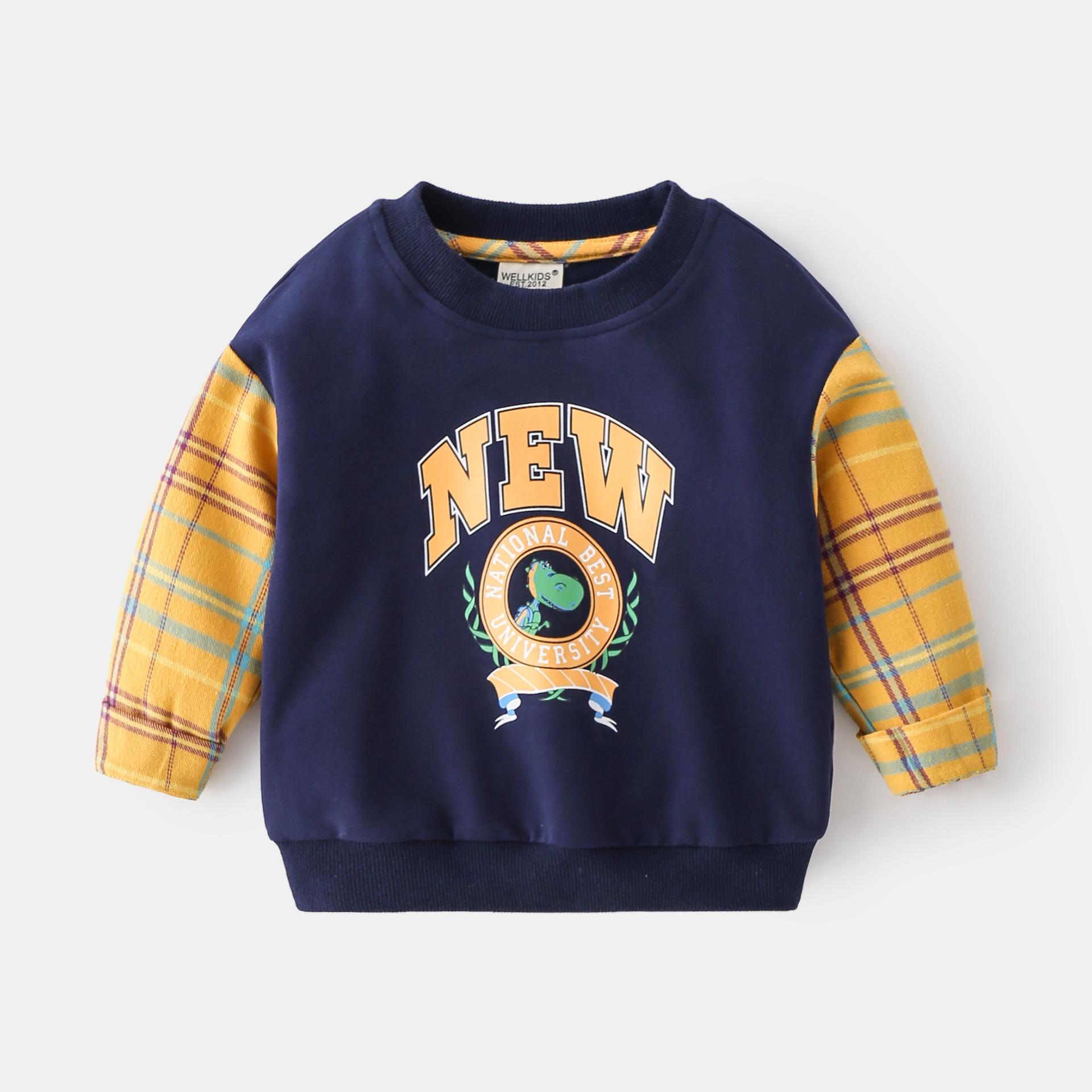 Простой Весенний Свитшот для Мальчиков, Свитшот с Вставками на Рукавах, Без Капюшона, Мягкий Хлопковый Топ, Милый Мультяшный Свитшот с Длинным Рукавом 90cm