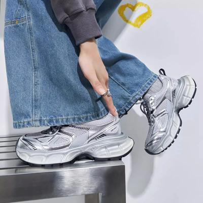 Fashion Sneakers New Korean Mesh Breathable Platform Dad Shoes Women's Student Casual Thick Sole Silver Sport Running Shoes