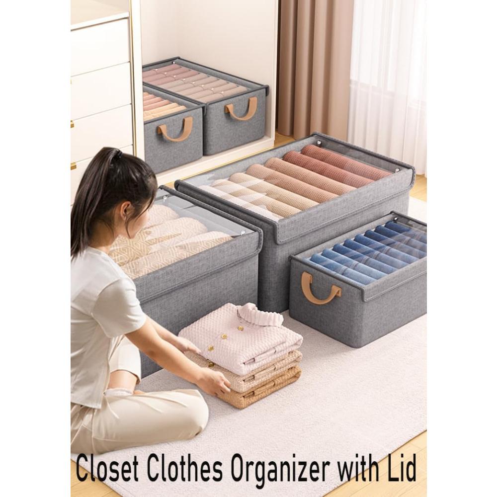 Closet Clothes Organizer Bins 6 Pc, Fabric Box Storage Shelf Bins Stackable, Foldable Closet Shelf Storage Container with Lid
