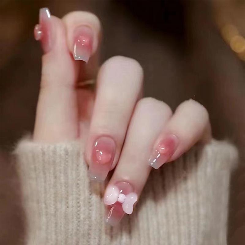 Reusable Gradient Heart Bow Transparent Nude Wearable Nails