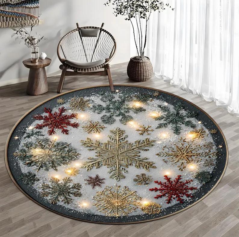 3D Christmas Village Rug Festive Round Carpet Snowy Cottage Design Cozy Holiday Decoration for Living Room Bedroom or Gift Idea
