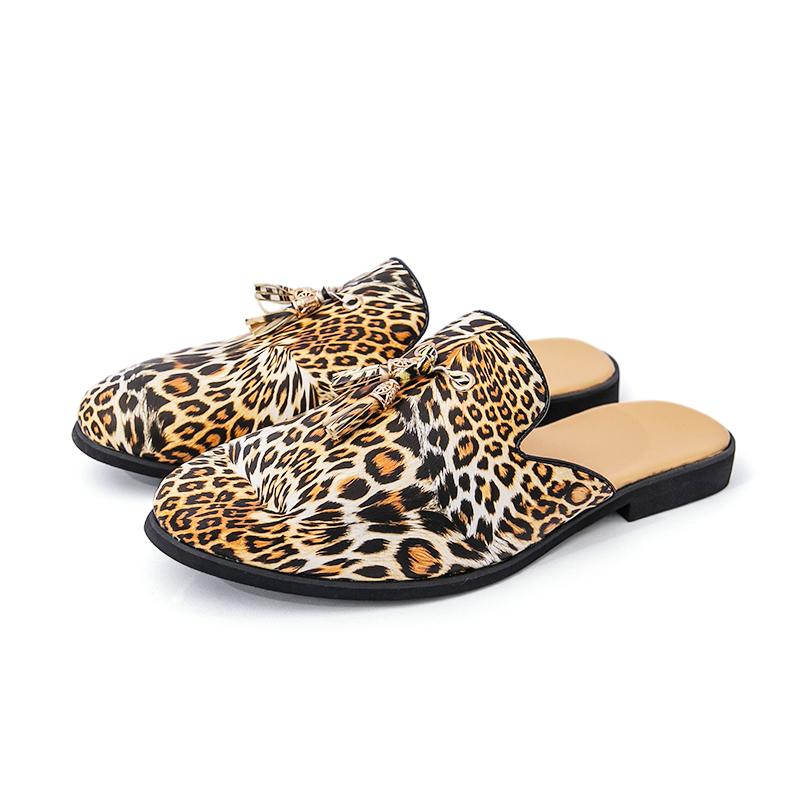 Men's Big Size Leopard Print Slip-On Mules Summer Leather Slippers Comfortable Casual House Shoes Breathable Open Toe Sandals