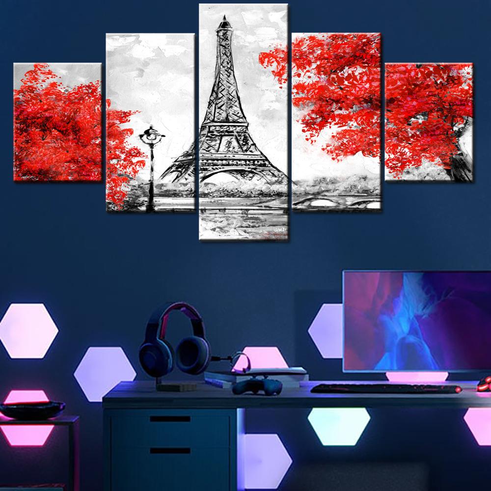 

5 Pieces Canvas Wall Arts Poster Painting Eiffel Tower With Red Trees In Autumn Wallpaper Home Decor Picture Printing Mural 20X35 20X45 20X55CM