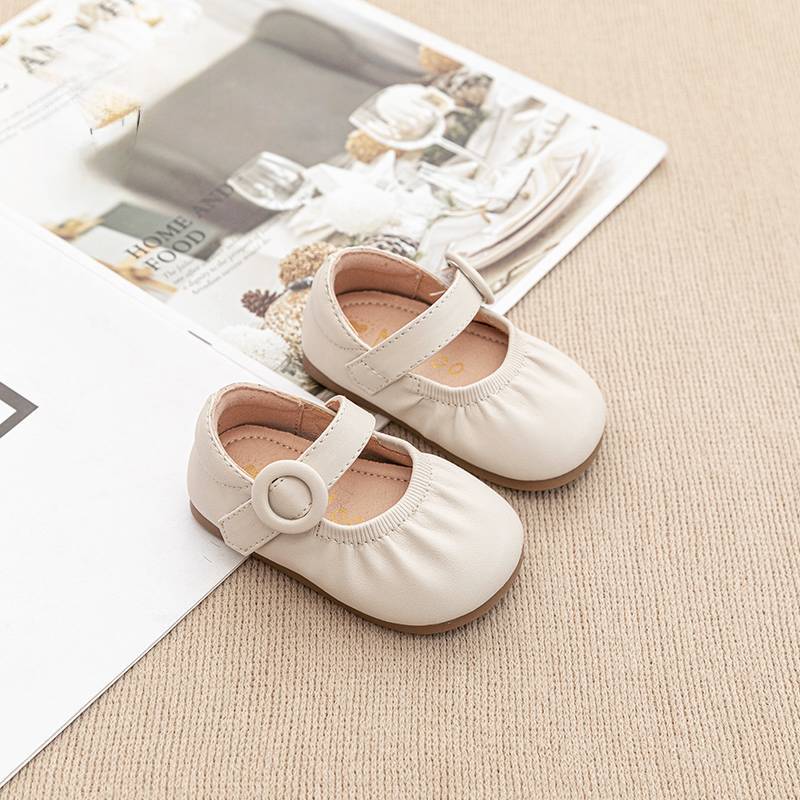 Kids Solid Color Round Buckle Mary Jane Flats 15 бежевый