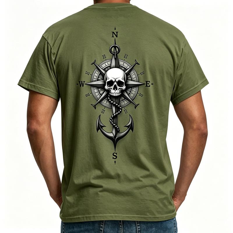 Nautical Skull Anchor Graphic Tee for Unisex Unisex Vintage Compass Print Tshirt 100 Cotton Short Sleeve Casual Summer Top