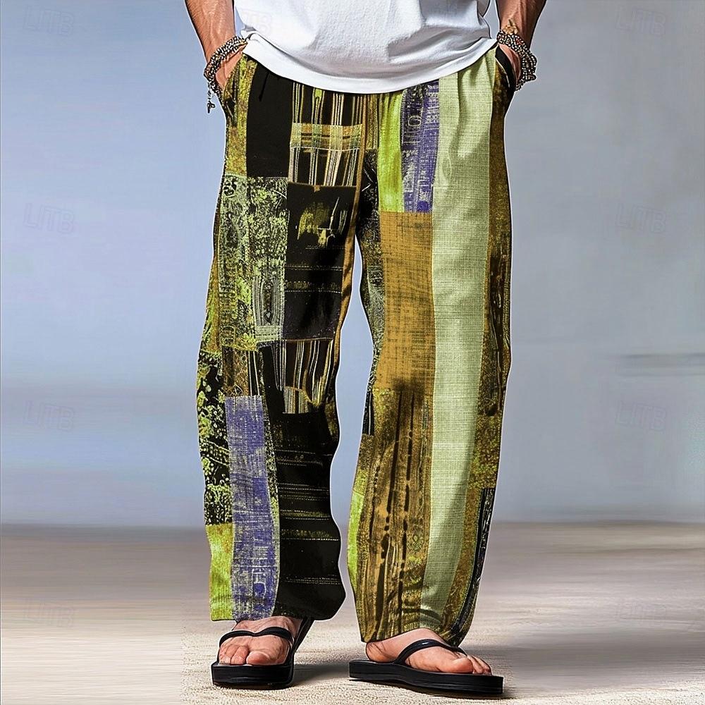 Męskie Spodnie Patchworkowe Color Block Średnio Wysoki Stan Sznurek Elastyczny Pas Hawajskie Codzienne Outdoor Prosta Nogawka Spodnie