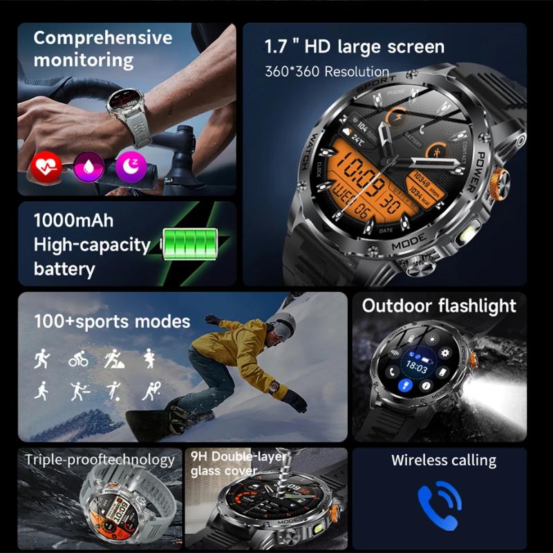 2025 Nová 1000mAh Super Kapacitní Baterie Dospělí Muži Chytré Hodinky 1,7palcový Velký Displej Bluetooth Hovor IP68 Vodotěsné Chytré Hodinky Sportovní