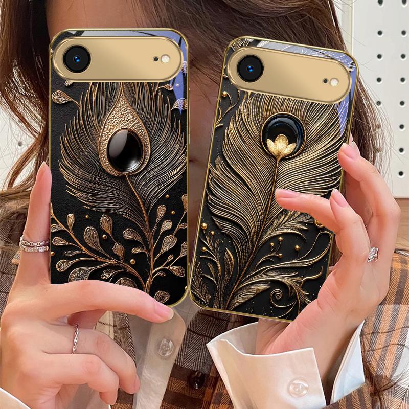 Złote Pióro Klejnot Dla IPhone 17Pro Max 16 17 Pro 15 Pro 14 13 Plus 12 Mini 11Pro Max XR 16E 17Air Złote szklane etui na telefon