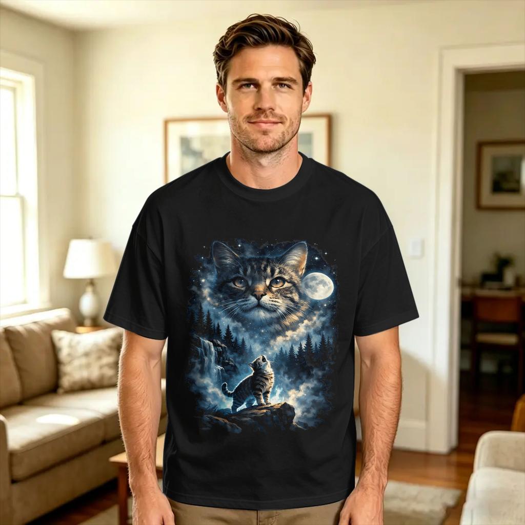 Vintage Moonlight Tuxedo Cat Howling Looking At The Moon T Shirt Harajuku T Shirts Short Sleeve Y2K Fun Tops Beach Cotton Tops