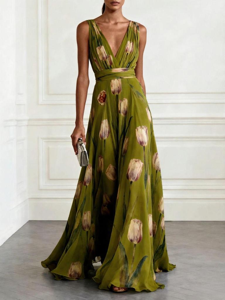 2026 Tulip Print Sleeveless V-Neck Long Evening Dress for Women
