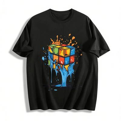 Melting Rubik's Cube Print Trendy Casual Short Sleeve T-Shirt Pure Cotton T-shirt