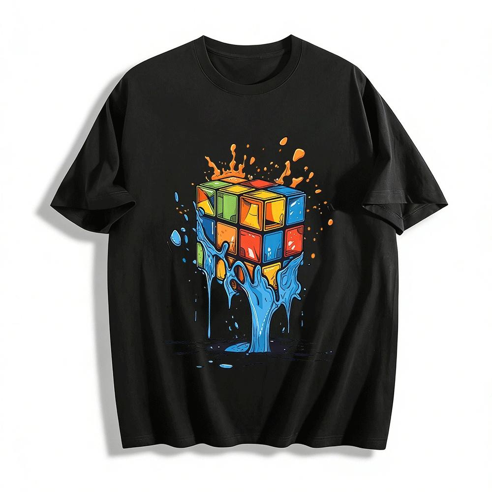 Melting Rubik s Cube Print Trendy Casual Short Sleeve T-Shirt Pure cotton T-shirt XXS
