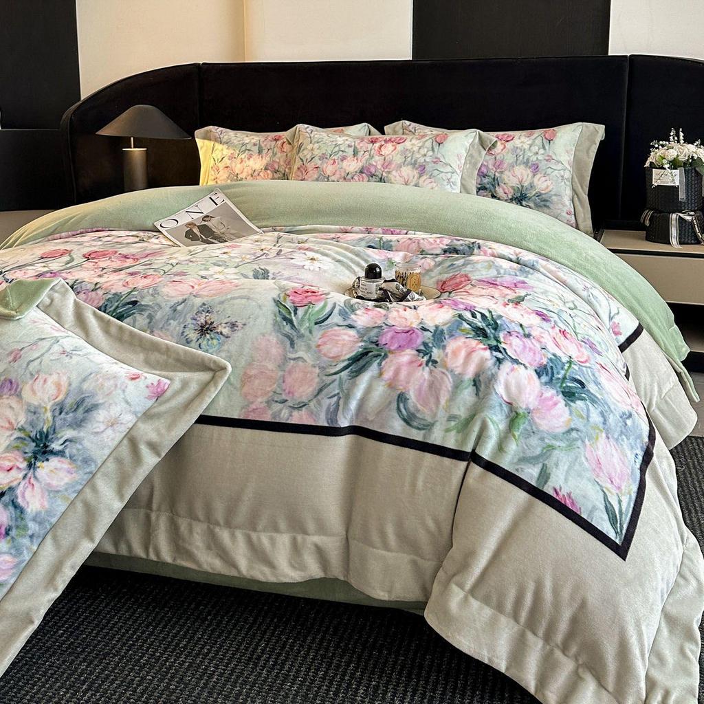 G5Z Französisches Retro Luxus Warmes Koralle Bettwäscheset - 4 Teile (Doppelseitige Bettwäsche & Bettbezug)