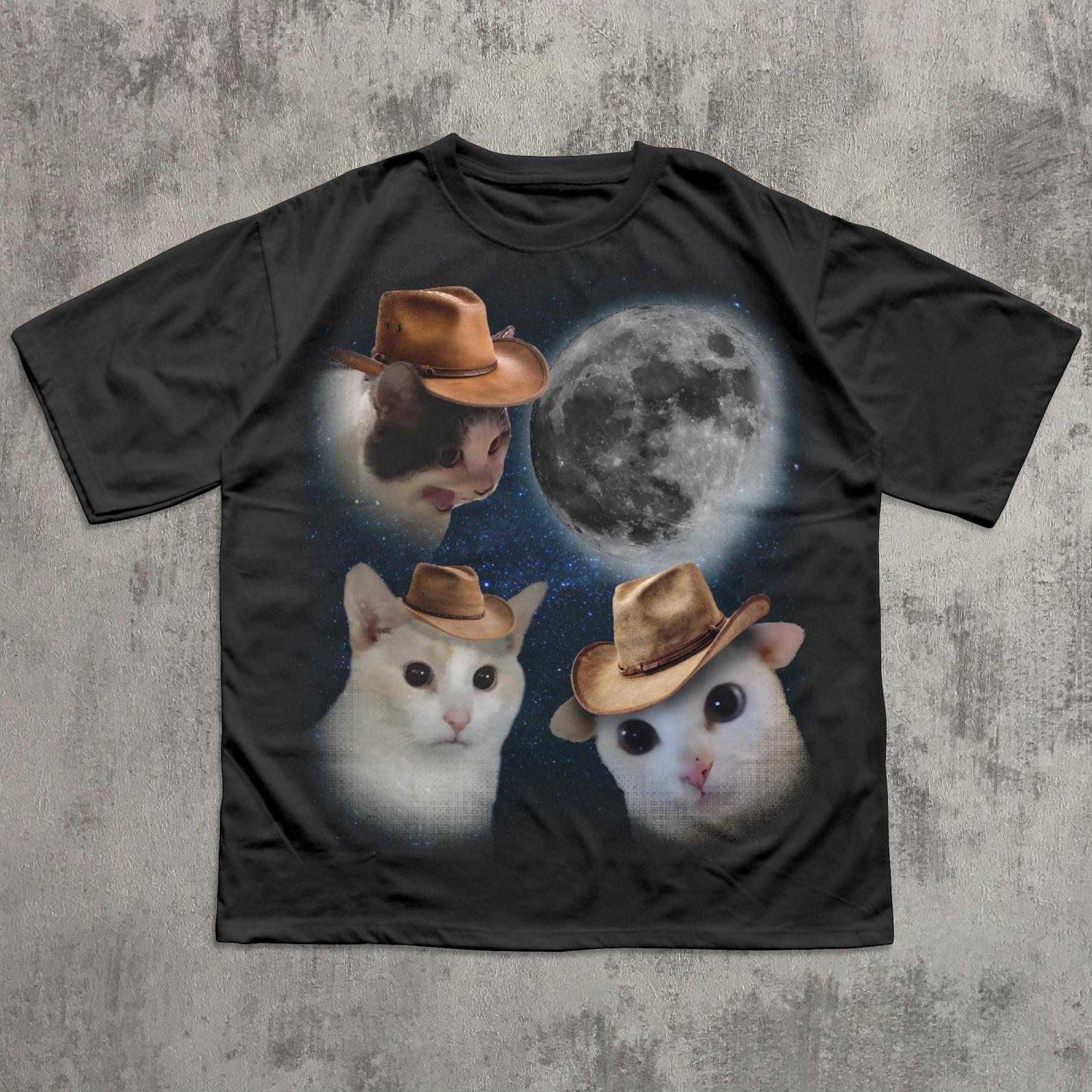 90s Retro Moon Vintage Funny Cowboy Cats Meme Tee Shirt Gift for Woman and Man, Silly Cat T shirt, Ironic T shirt, Weird Meme Shirts, Gifts XL