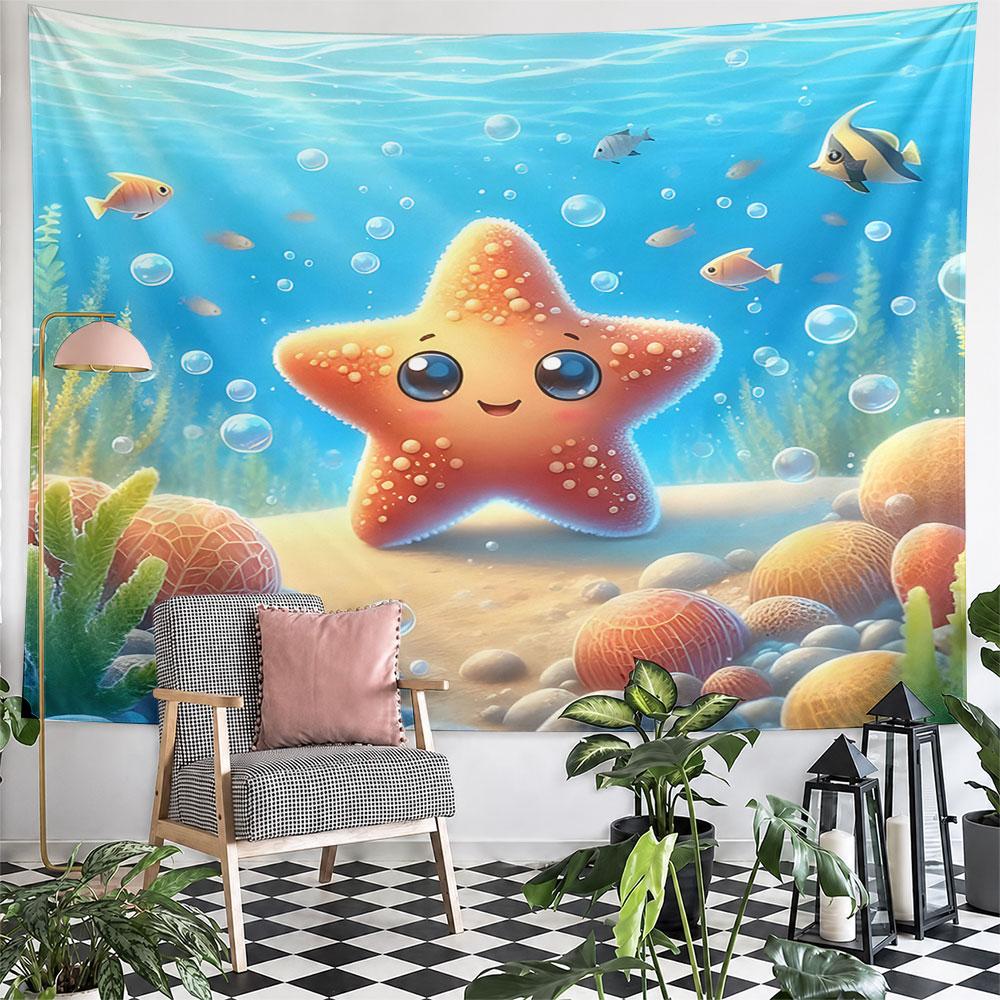 Smiling Starfish Underwater Scene Pattern Wall Hanging Tapestry Decorative Tapestry Home Decor for Bedroom and Living Room
