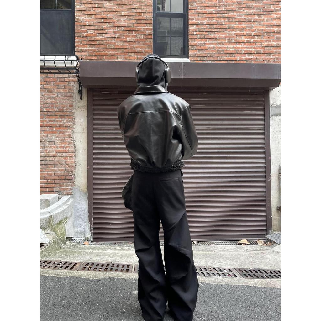 Frühling Herbst Cool Übergroß Kurz Schwarz Weiche PU Jacke Herren Reißverschluss Vintage Kleidung