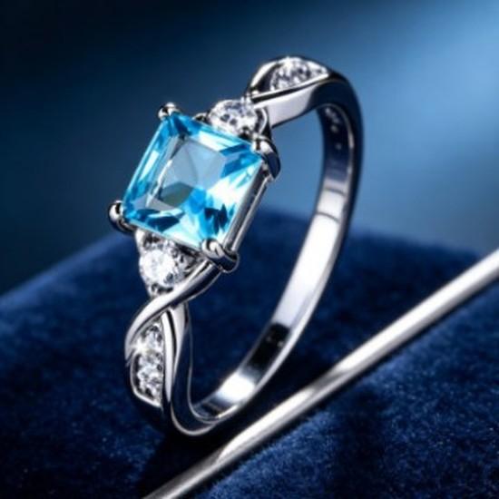 French-style Delicate Twisted Band Ring with Blue Cubic Zirconia Princess Square Blue Diamond Niche Commuter Jewelry