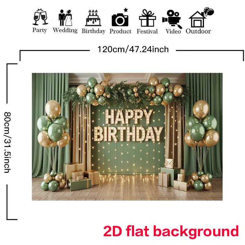 2D Sage Green Gold Birthday Backdrop for Men & Women Rustic Party Decor