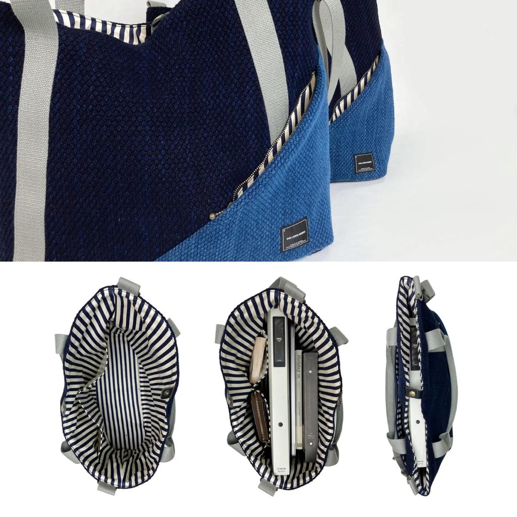 EnLiving Works Round Tote Made in for Men and Made with Kendo Kimono Sashiko Fabric and Bushu Authentic Indigo Shoulder Bag 2-Way Bag, Japan, Women,