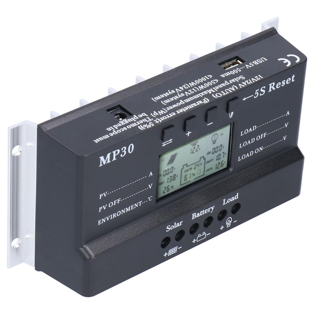 Solar Charge Controller 30A 12/24V LCD Display Backlight Circuit Protection USB Port MPPT PWM