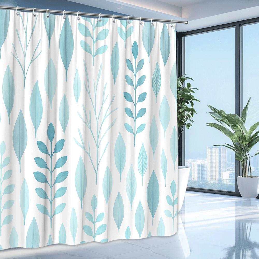 Hellblaues Blattmuster Duschvorhang Minimalistisches Naturdesign Moderne Badezimmerdeko Elegant Wasserdicht Kostenlose Haken Enthalten