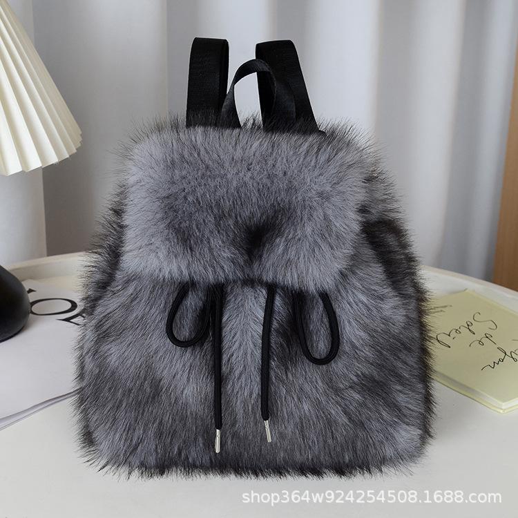 Mochila de Pelúcia Y2k Feminina Pequena Fofa com Cordão Leopardo Fofa Bolsa Macia Liso Lã Mochila de Lã Quente de Inverno Mini Mochila de Pele Sintética