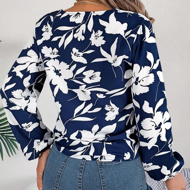 Women V-Neck Long Sleeve Blouse Stylish Print Shirt for Spring Autumn Season