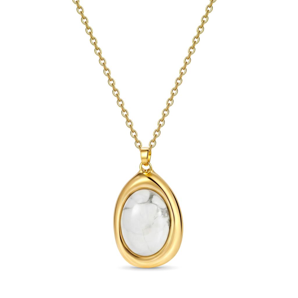 Gold Tone Oval Natural Stone Pendant Necklace, Vintage Cabochon Gemstone Chain for Women Gift