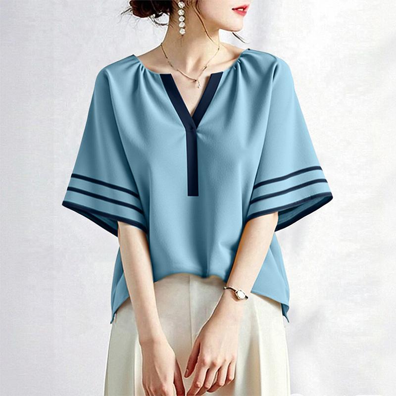 

ZANZEA Женская летняя блузка с V-образным вырезом, свободного кроя, с рукавом 3/4, в повседневном стиле 5XL синий