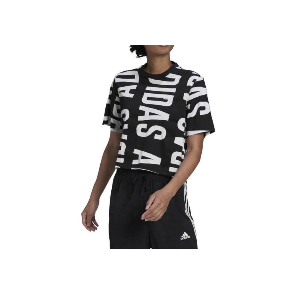 Adidas Allover Print Logo Crew Neck T-Shirt Women Tops Black HC9161