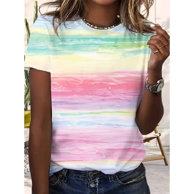 Women's Tie-dye Printed Short-sleeved T-shirt - Transparent Round Neck Summer Casual Top, Machine Washable