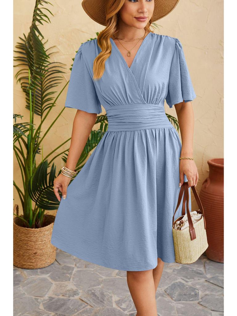 2024 Spring/Summer Women's V-Neck Waist-Cinching Flared Sleeve Dress