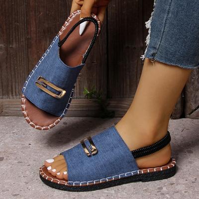 Große Stoff-Einzehen-Sandalen mit Knöpfen für Damen, Sommerliche elastische flache Schuhe, Bestickte Strand-Flip-Flops