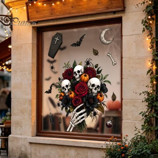 Holiday Atmosphere Window Embellishments Halloween Static Sticker, Castle/Bat/Pumpkin/Bouquet Printed, PVC Waterproof Festive Autumn Festival