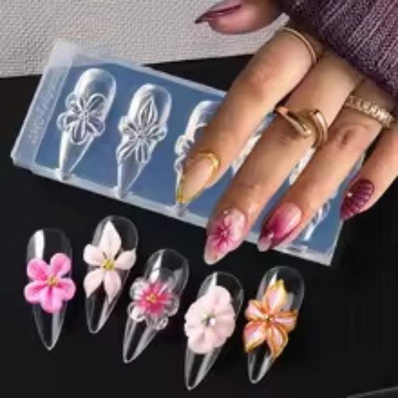 3D Spring Flower Nail Silicone Nail Carving Mold Lily Hibiscus Resin Design Nail Art Print Stencils Diy Manicure Mold Tools
