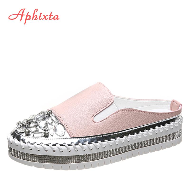 Fashion Aphixta 2024 Luxury Crystals Half Slides Women Bling Rubber Diamond Women Shoes Hand Stitching Platform Slippers For Women
