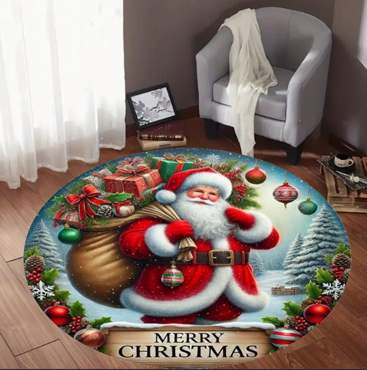 Santa Claus Circular Carpet Soft Washable with Anti Slip Bottom Living Room Bedroom Home Decoration Perfect Christmas Decoration