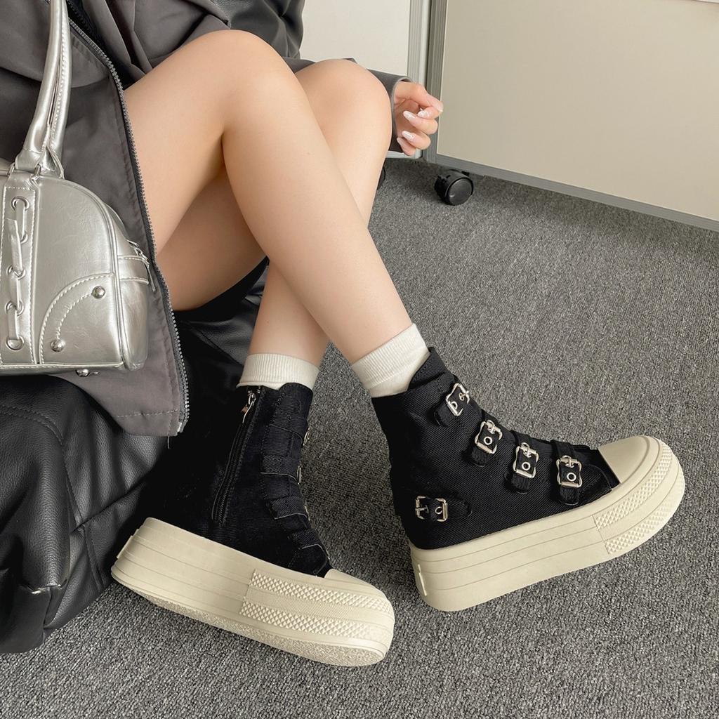 Fashion Retro  Buckle Design Thick Soled Casual Canvas Short Boots for Women  Autumn Comfortable Non Slip Chunky Ankle Boots