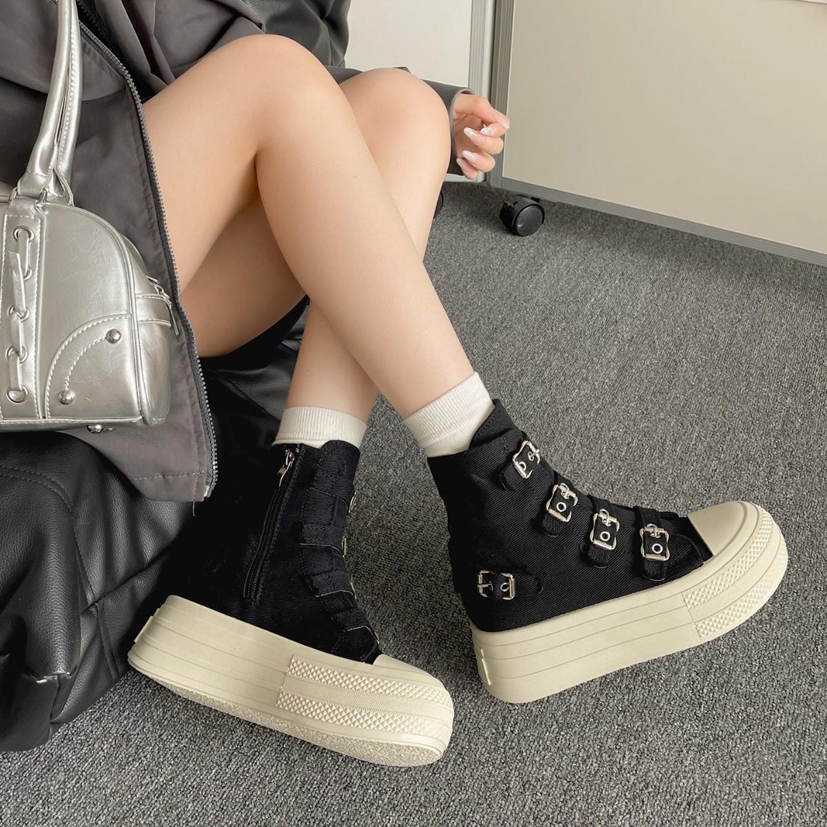 

Ретро Дизайн с Пряжкой Холщовые Полусапожки на Толстой Подошве в Повседневном Стиле для Женщин Осенние Удобные Нескользящие Массивные Ботильоны 35 чёрный