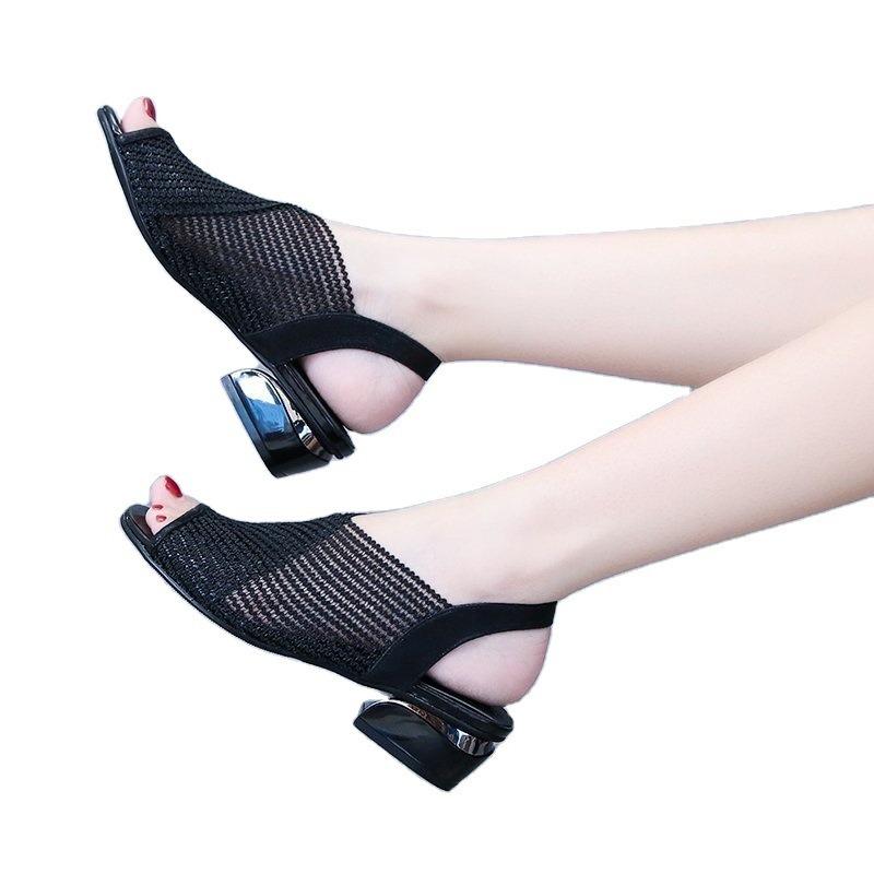 Coarse Heel Women's Sandals 20 Summer Foot-set Mesh Breathable Medium Heel Fish Mouth Sandals