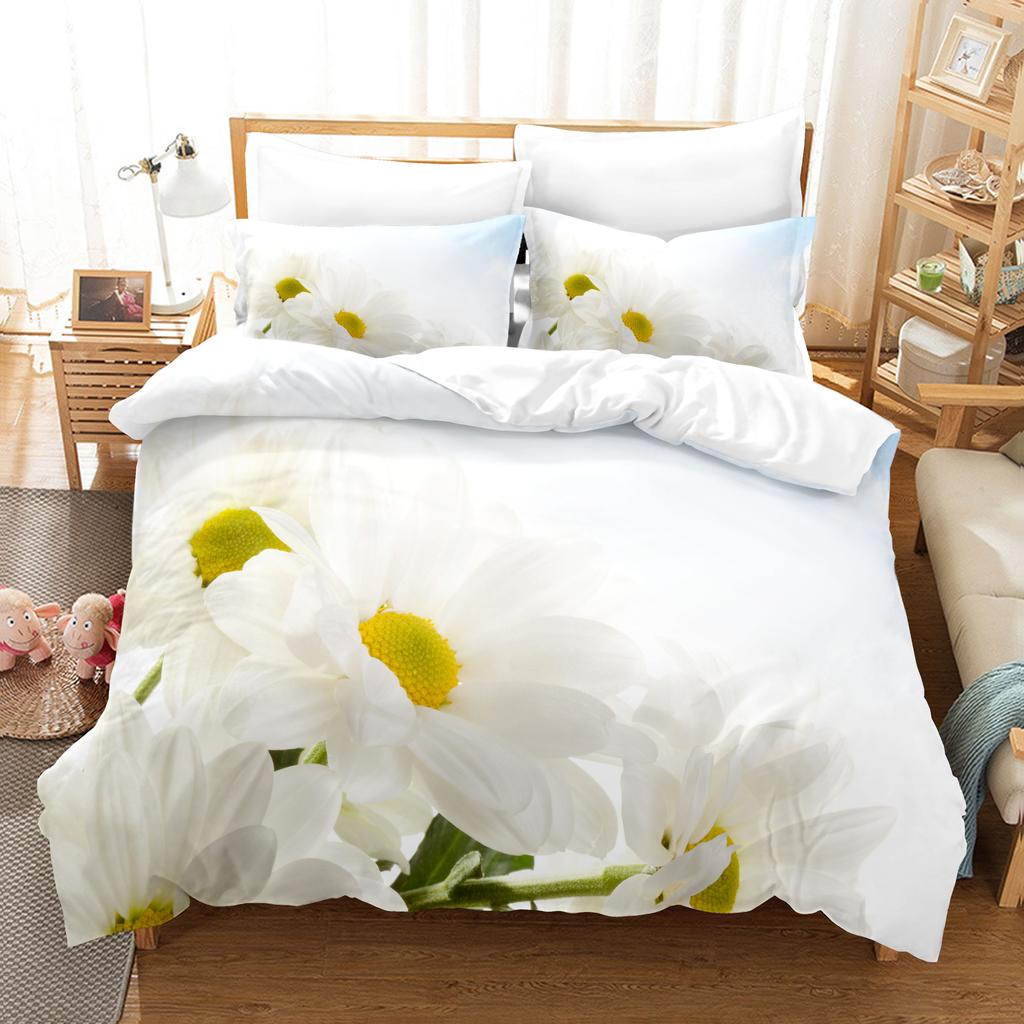 Chrysanthemum Duvet Cover Set Queen Size Bedding Set Stylish Decor Pastoral Comforter Cover+Pillowcases Blossom Soft Microfiber