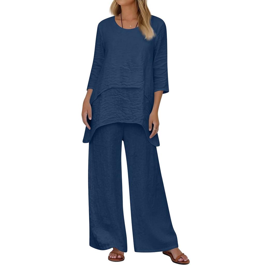 Women's 2-Piece Set: Stylish Casual Round-Neck Loose-Fit Top + Wide-Leg Pants