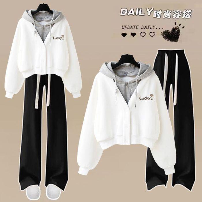 Women's 2 Piece Tracksuit Set Fake Two Piece Hooded Crop Sweatshirt & Elastic Waist Wide Leg Pants Loose Casual Spring Fall Matching Outfit