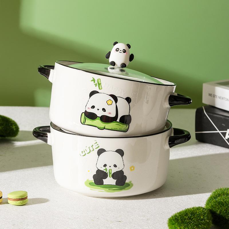 Cute panda ceramic instant noodle bowl with lid binaural soup bowl rice bowl student dormitory snail powder bowl high-value tableware