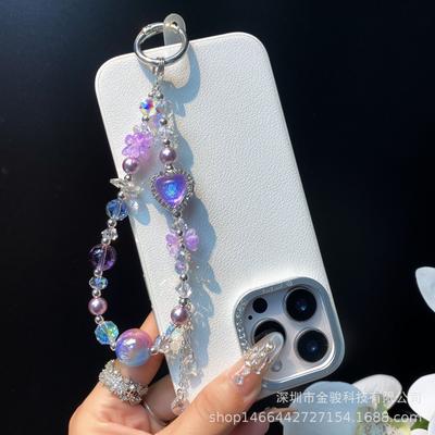 Phone Chain with Rhinestones, Colorful Heart Phone Chain Strap, Wrist Strap, Handmade Crystal Beaded DIY Flower Chain